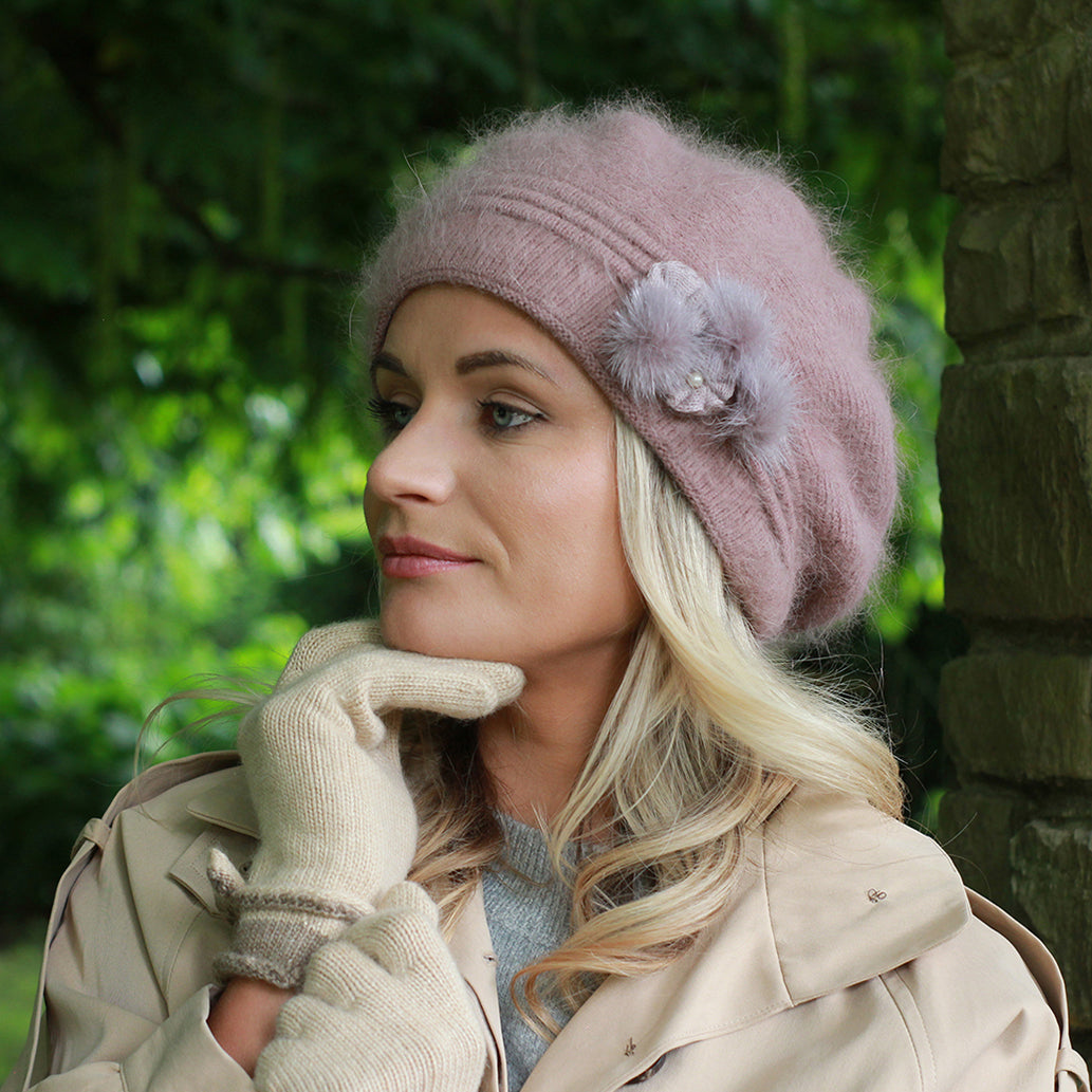 blush Wool Winter Beret – Warm Double-Layer French Style Hat, Cozy Gift for Her, Mum or Grandma