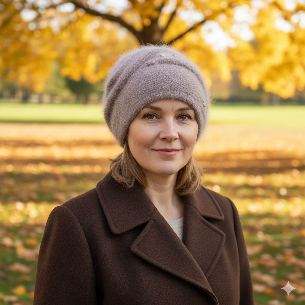 brown Women’s Angora Wool Winter Hat – Double Layer Warm Beanie, Cozy Gift for Mom or Grandma