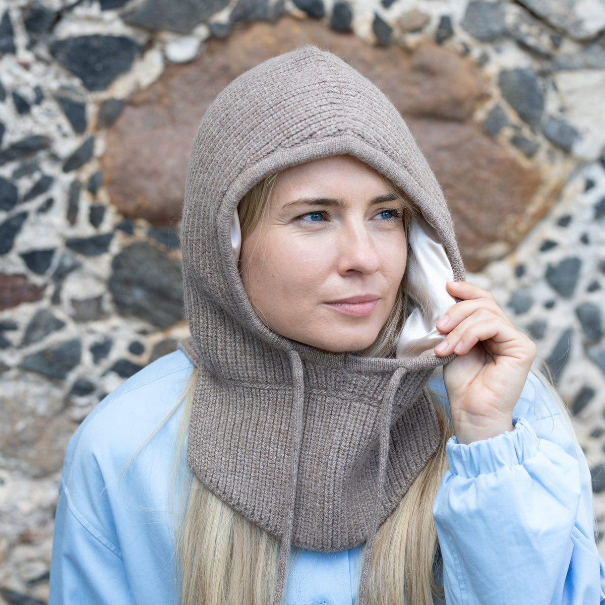 brown Satin-Lined Cashmere Balaclava – Women’s Winter Hood Hat