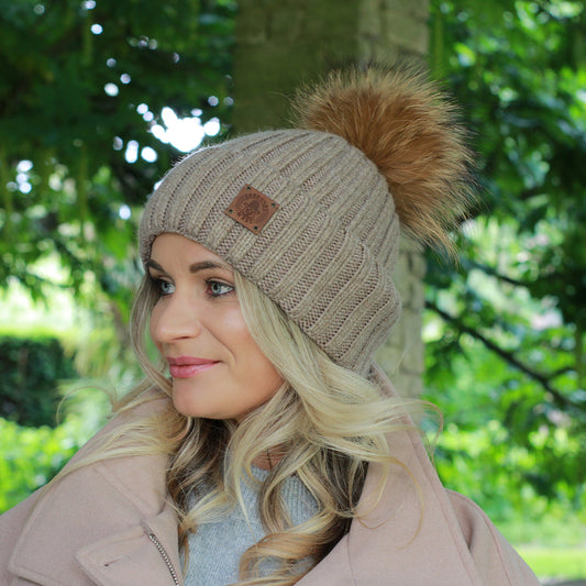 brown Silk-Lined Women’s Cashmere Hat – Smaller Size Beanie with Real FOX Fur Pom Pom, Soft & Warm Winter Hat, Gift for Her