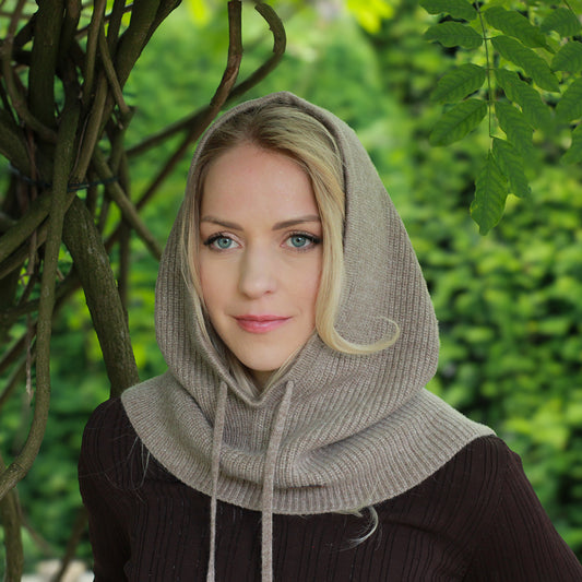 brown Cashmere Winter Hood Balaclava Hat for Women – Oversized Warm Knit Cozy Hooded Beanie, Soft Head Cover, Luxury Gift for Her