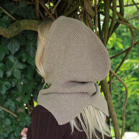 brown Cashmere Winter Hood Balaclava Hat for Women – Oversized Warm Knit Cozy Hooded Beanie, Soft Head Cover, Luxury Gift for Her