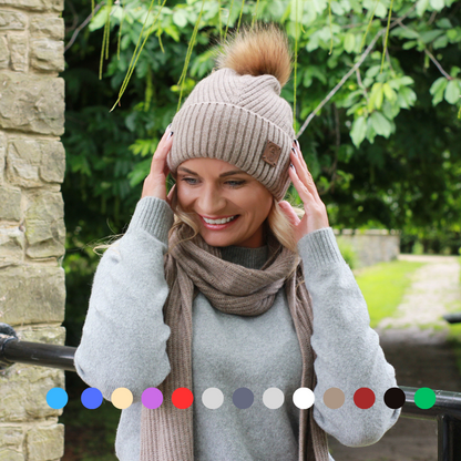 brown Satin-Lined Women’s Cashmere Beanie with Faux Fur Pom Pom