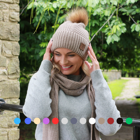 brown Silk-Lined Cashmere Beanie for Women – Frizz-Free Winter Hat with Faux Fur Pom Pom, Cozy Gift for Her, Soft Warm Luxury Beanie 