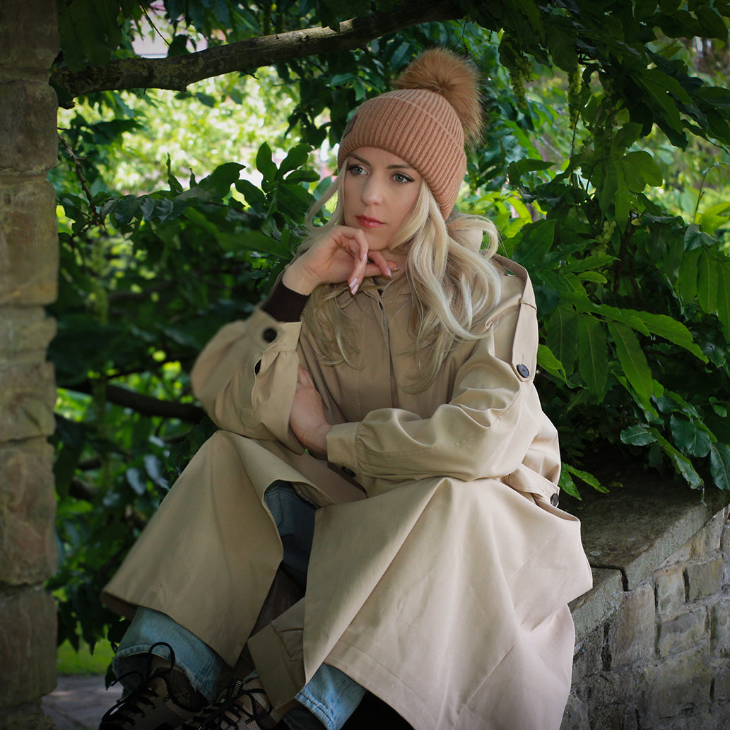 cooper brown Women’s cashmere hat with pure silk lining – real fur winter beanie for curly, frizz-free hair, perfect gift for her