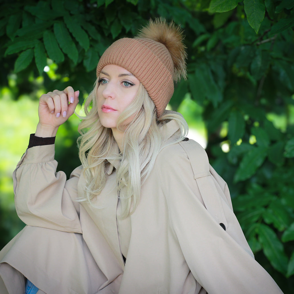 brown Women’s cashmere hat with pure silk lining – real fur winter beanie for curly, frizz-free hair, perfect gift for her