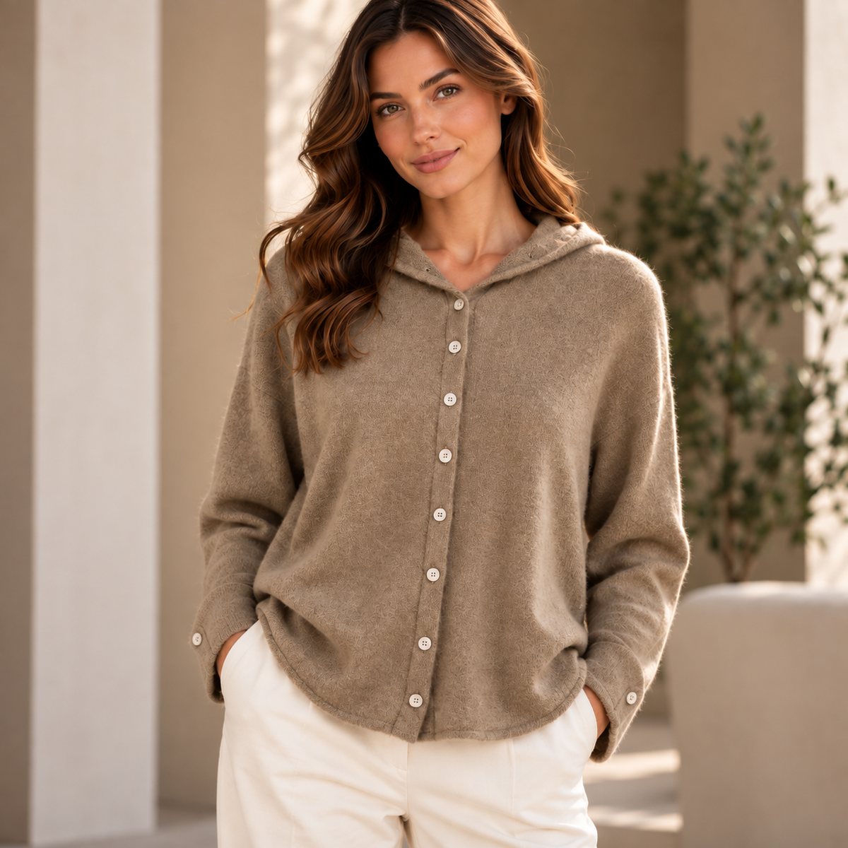 brown Women’s 100% Pure Cashmere Hooded Sweater – Soft & Luxurious Knit