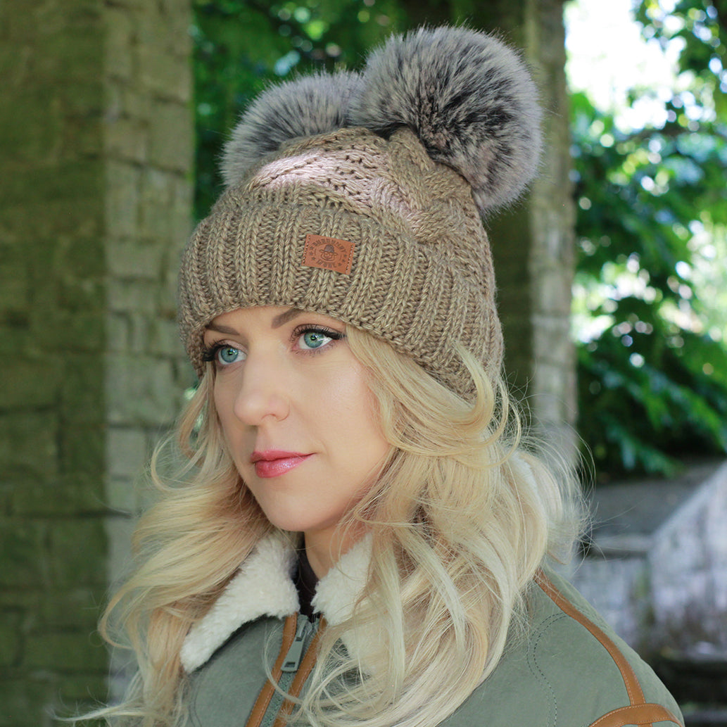 brown Women’s Double Pom Pom Winter Hat – Fleece-Lined Wool Beanie, Windproof & Warm, Cute Cold Weather Gift for Girls or Her