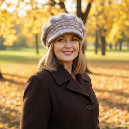 Women's Winter Cashmere & Angora Wool Peak Hat – Chunky Double Layer Visor Beanie, Cozy Gift for Her