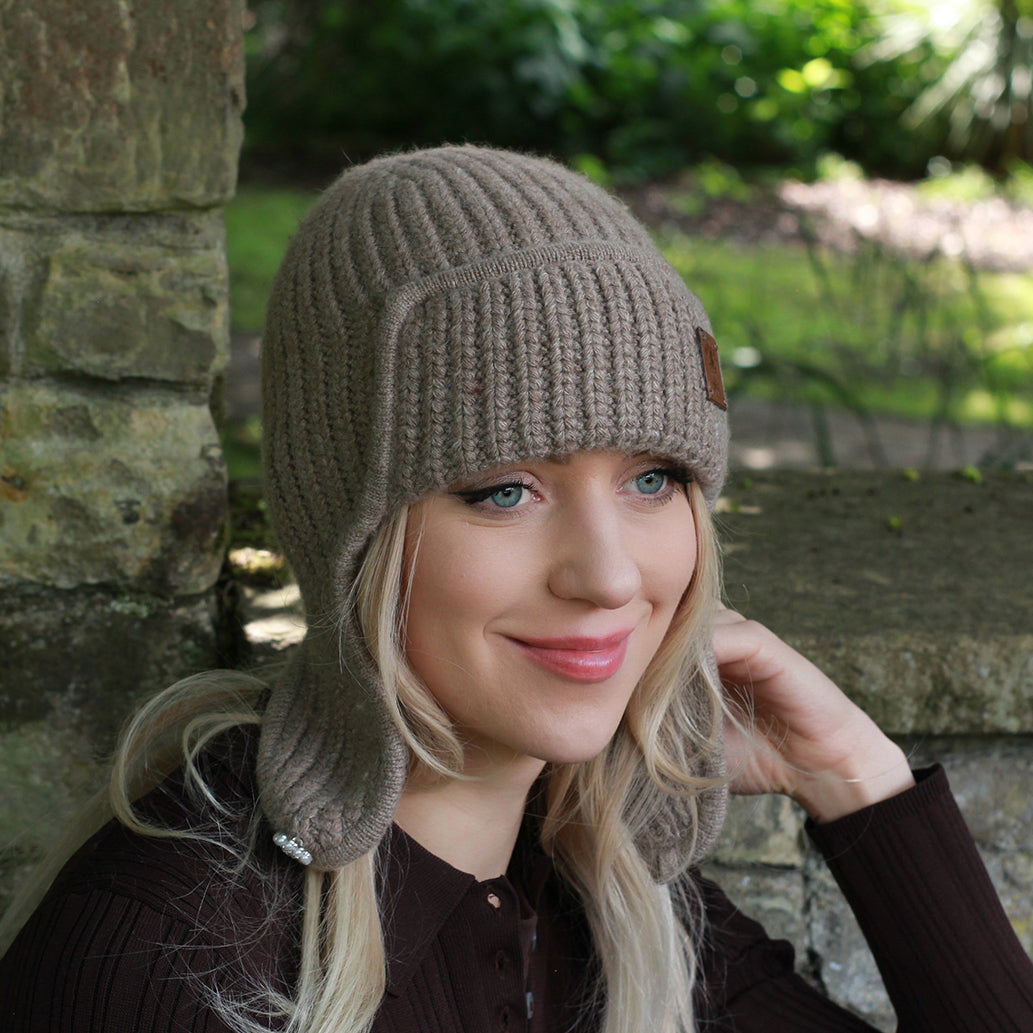 brown Women’s Winter Cashmere Earflap Hat – Soft Trapper Style Beanie, Lightweight and Cozy Cold Weather Hat, Stylish Gift for Her