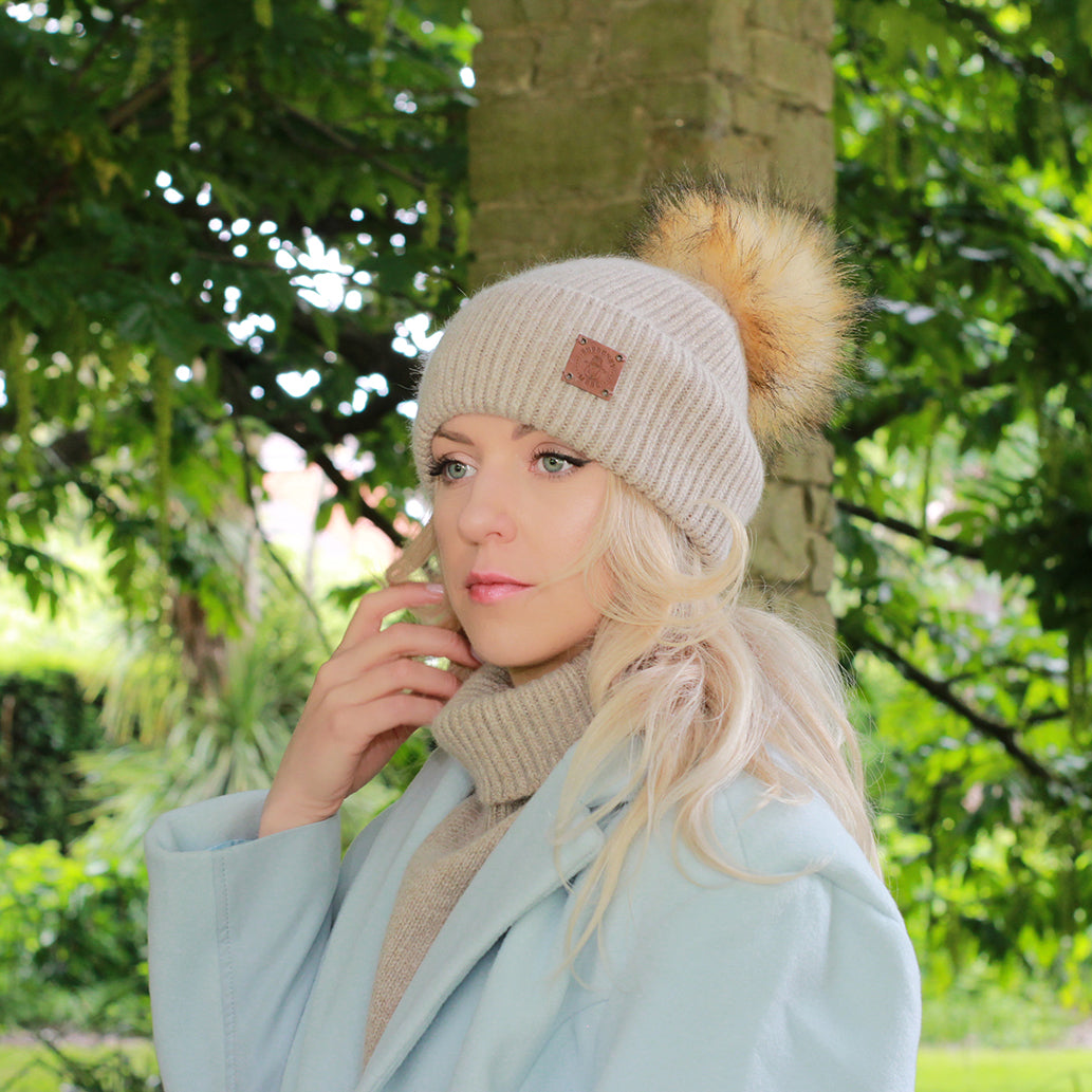 brown SET: Women’s Winter Cashmere Hat and Neck Warmer – Soft Warm Pom Pom Beanie & Snood Gift for Her, Cozy 2-Piece Cold Weather Accessory