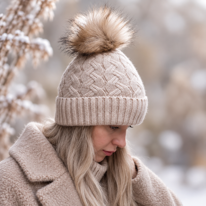 Damen Kaschmir Kunstfell Pom Pom Mütze, Gestrickte warme Winter Kaschmir Mütze für Damen, Geschenk für Sie