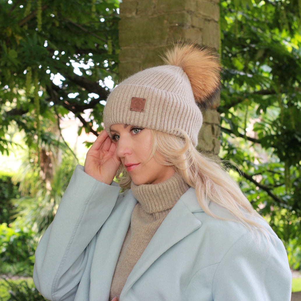 brown SET: Women’s Winter Cashmere Hat and Neck Warmer – Soft Warm Fox Fur Pom Pom Beanie & Snood Gift for Her, Cozy Cold Weather Accessory Set