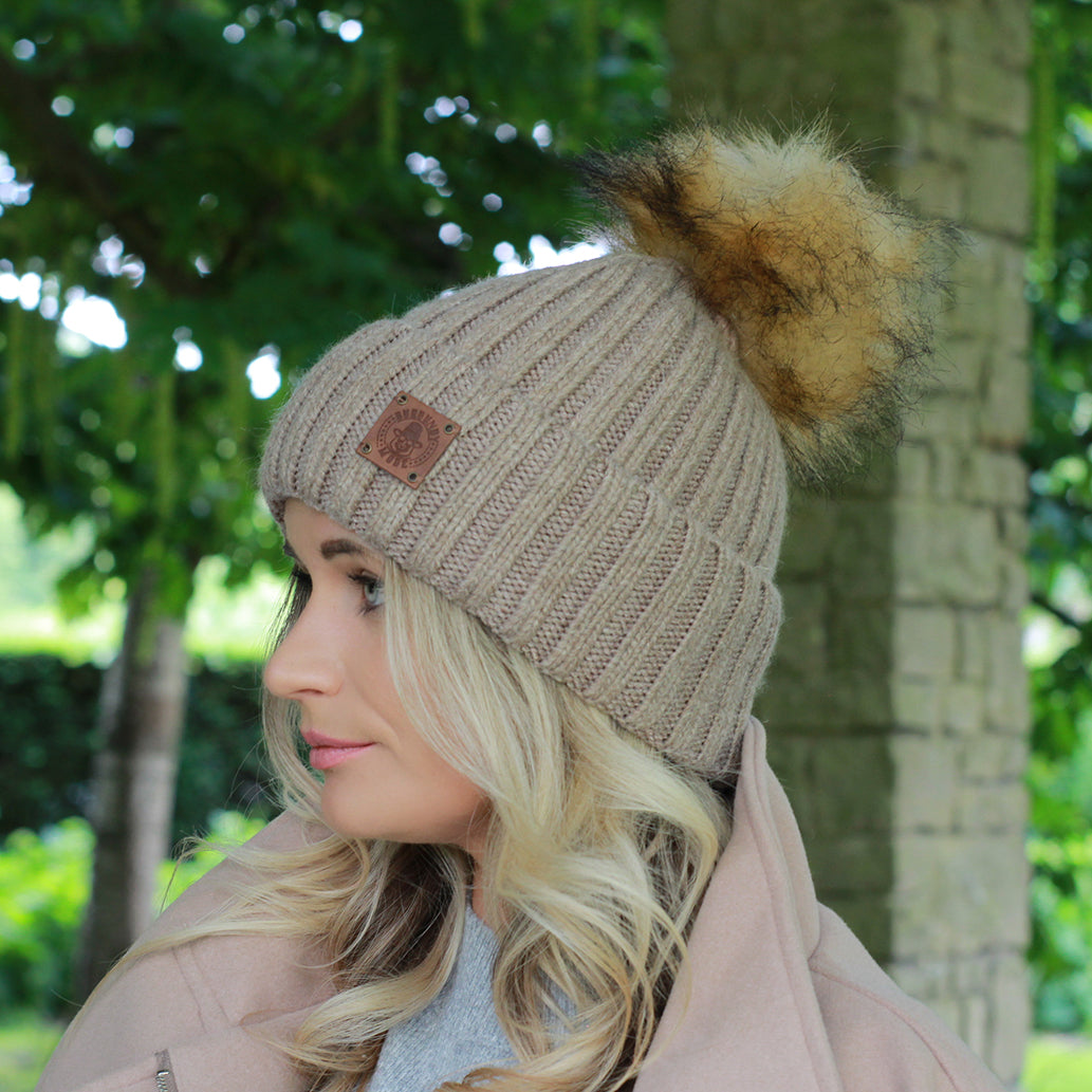 brown Silk-Lined Women’s Cashmere Hat – Smaller Size Beanie with Faux Fur Pom Pom, Soft & Warm Winter Hat, Gift for Her