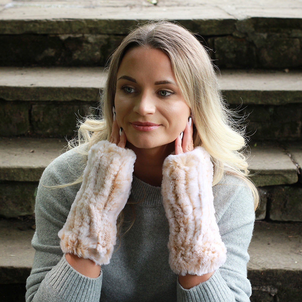brown Natural Rabbit Fur Fingerless Gloves – Soft Knit Winter Hands and Wrists Warmers, Luxury Gift for Her