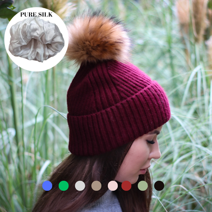 100% Mulberry Silk Lined Cashmere Hat – Fox Fur Pom Pom