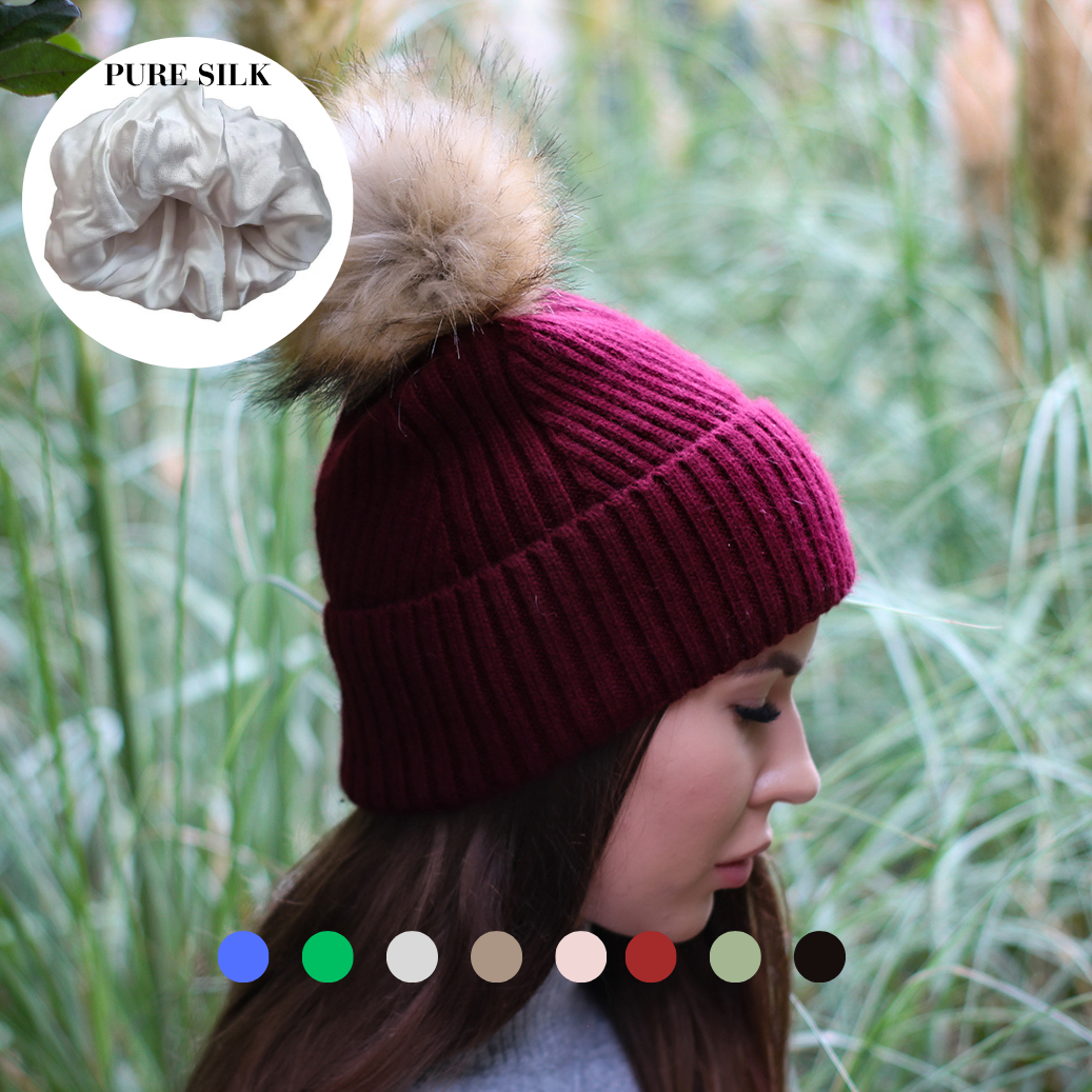 100% Mulberry Silk Lined Cashmere Hat – Faux Fur Pom Pom