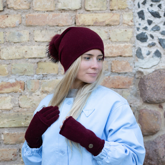 burgundy Women’s Double-Layer Cashmere Beanie – 2-in-1 Style