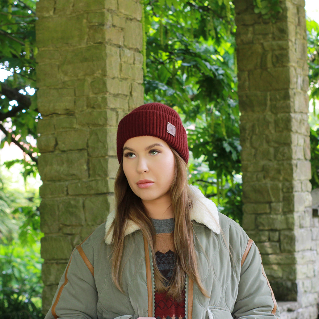burgundy 100% Mulberry Silk Lined Cashmere Hat