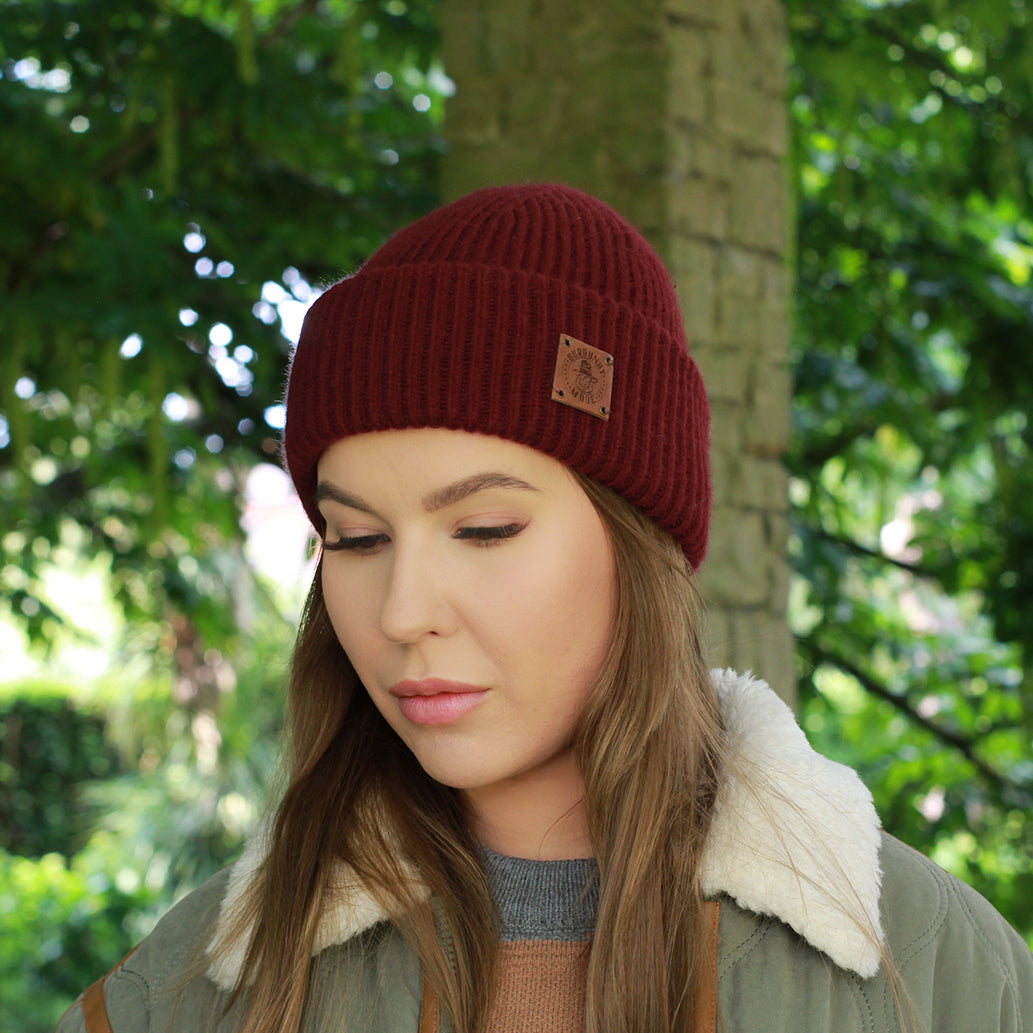 burgundy 100% Mulberry Silk Lined Cashmere Hat