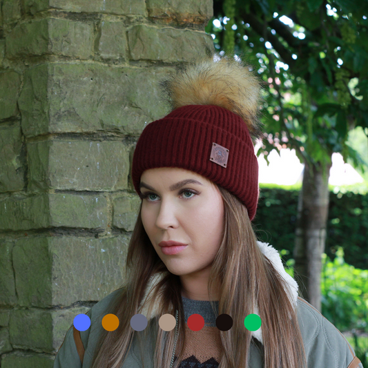 Silk-Lined Triple Layer Women’s Cashmere Hat – Reduces Frizz, Faux Fur Pom Pom Beanie, Luxury Winter Gift for Her