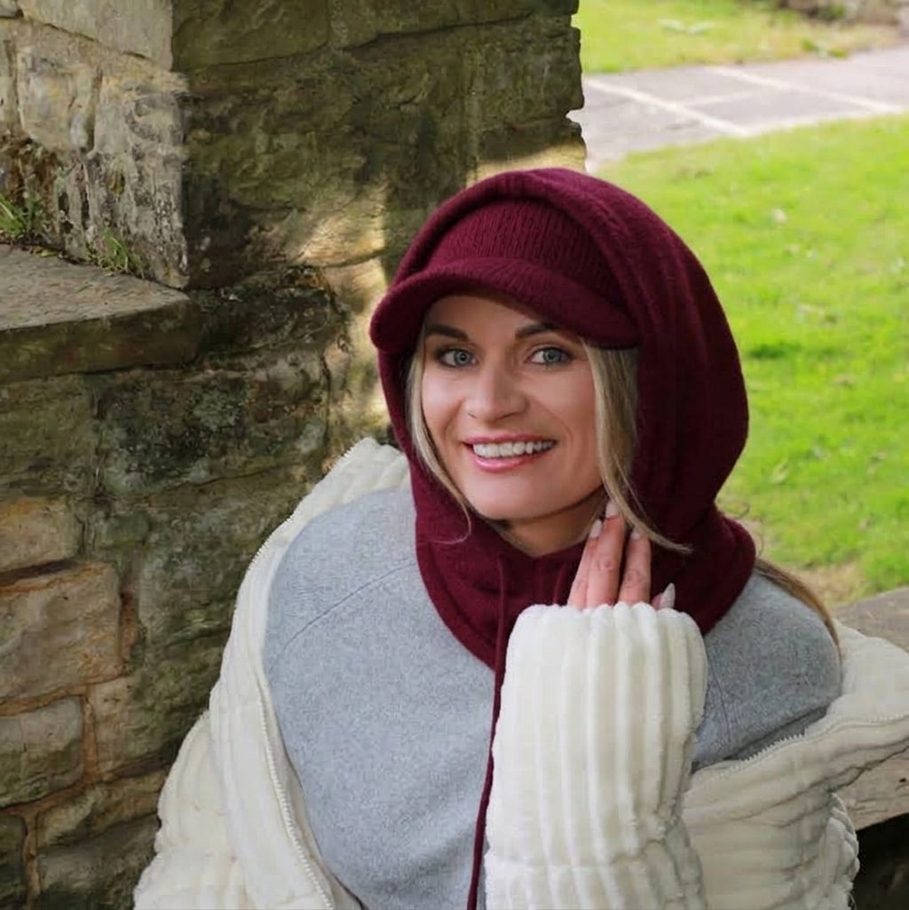burgundy Cashmere Hooded Hat & Peak Headband Set