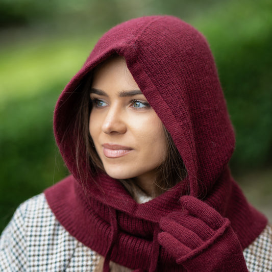 burgundy Cashmere Winter Balaclava – Women’s Oversized Hood Hat