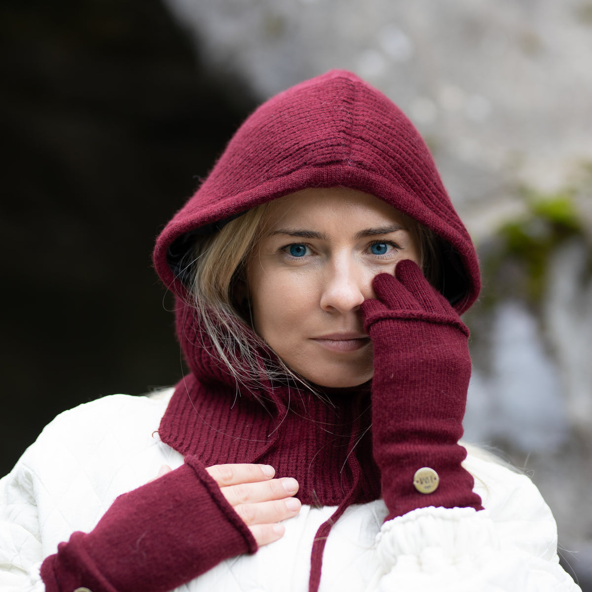 burgundy Satin-Lined Cashmere Balaclava – Women’s Winter Hood Hat