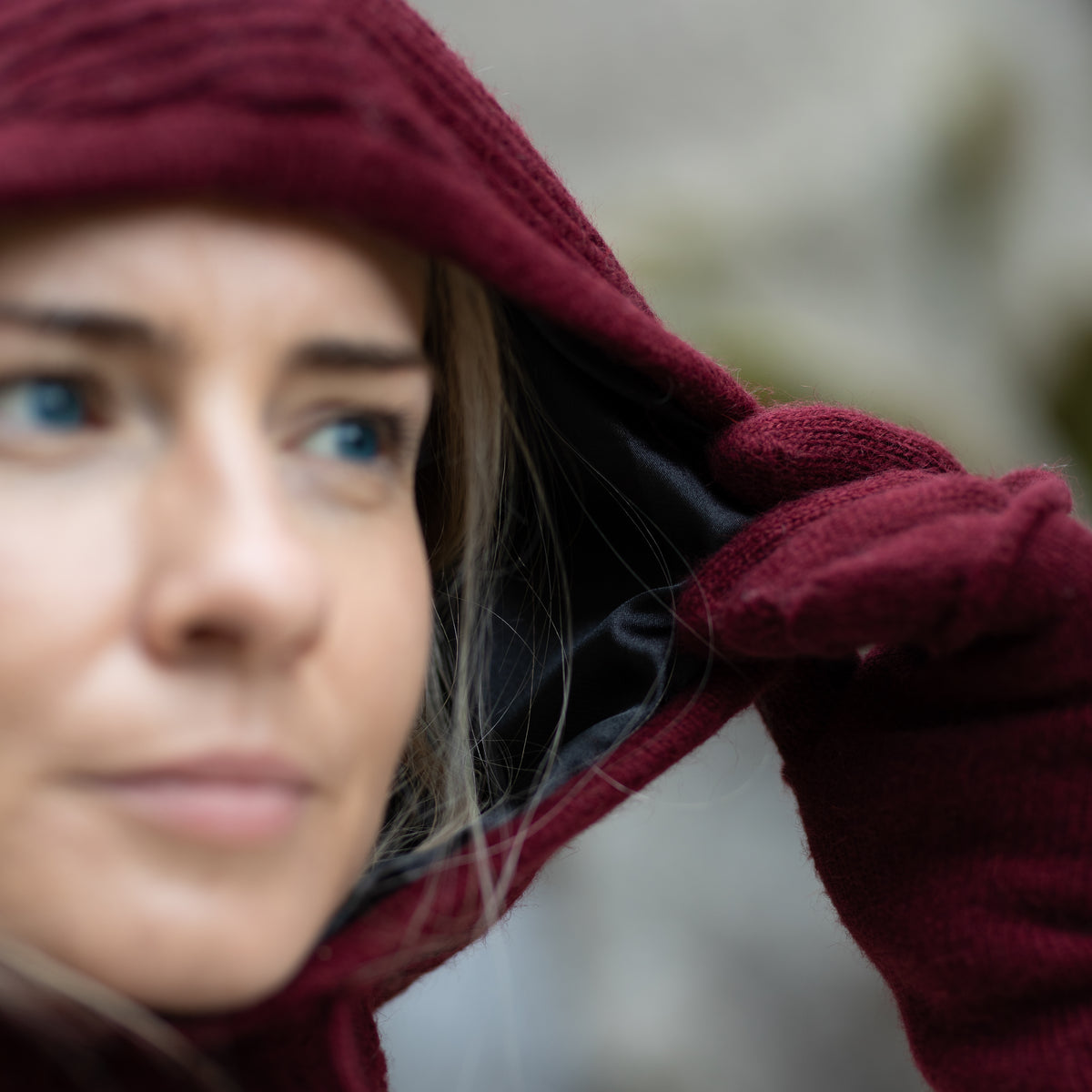 burgundy Satin-Lined Cashmere Balaclava – Women’s Winter Hood Hat
