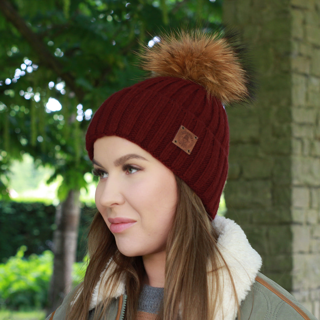 burgundy Silk-Lined Women’s Cashmere Hat – Smaller Size Beanie with Real FOX Fur Pom Pom, Soft & Warm Winter Hat, Gift for Her