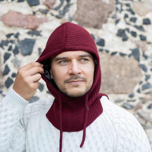 burgundy Men’s 100% Mulberry Silk-Lined Cashmere Hooded Hat