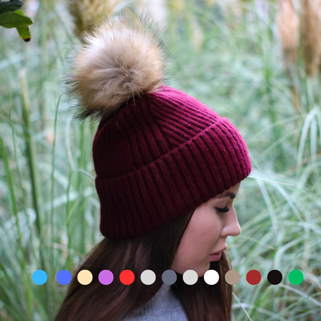 burgundy Silk-Lined Cashmere Beanie for Women – Frizz-Free Winter Hat with Faux Fur Pom Pom, Cozy Gift for Her, Soft Warm Luxury Beanie
