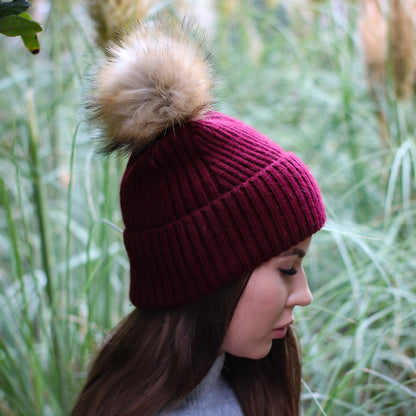 100% Mulberry Silk Lined Cashmere Hat – Faux Fur Pom Pom
