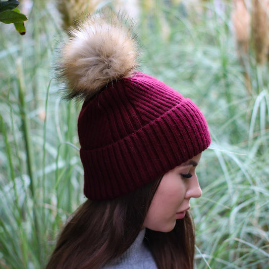 Cashmere & 100% PURE SILK Lined Hat – Winter Beanie with Faux Fur Pom Pom, Frizz-Free, for Curly Hair, Luxury Gift for Her
