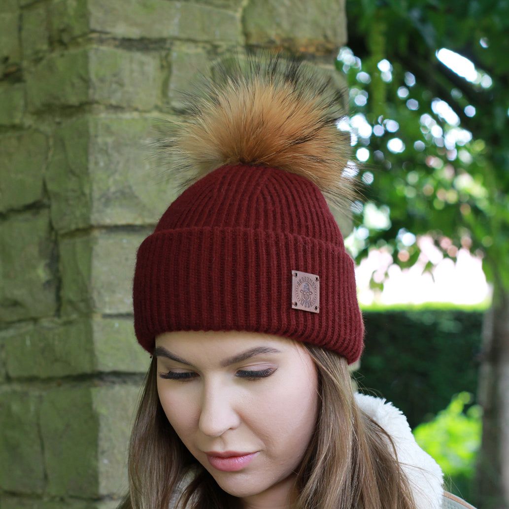 burgundy Women’s cashmere hat with pure silk lining – real fur winter beanie for curly, frizz-free hair, perfect gift for her