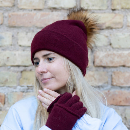burgundy Women’s Double-Layer Cashmere Beanie – 2-in-1 Style