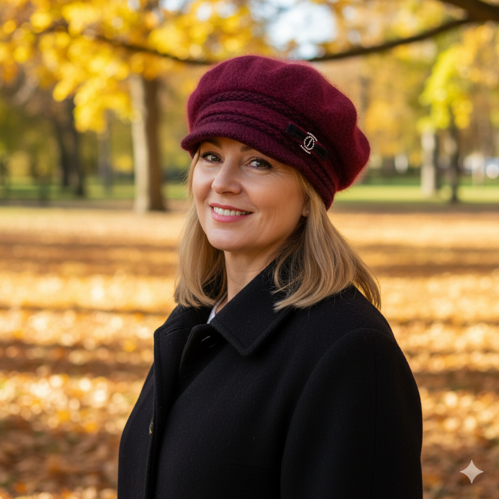 burgundy Women's Winter Cashmere & Angora Wool Peak Hat – Chunky Double Layer Visor Beanie, Cozy Gift for Her