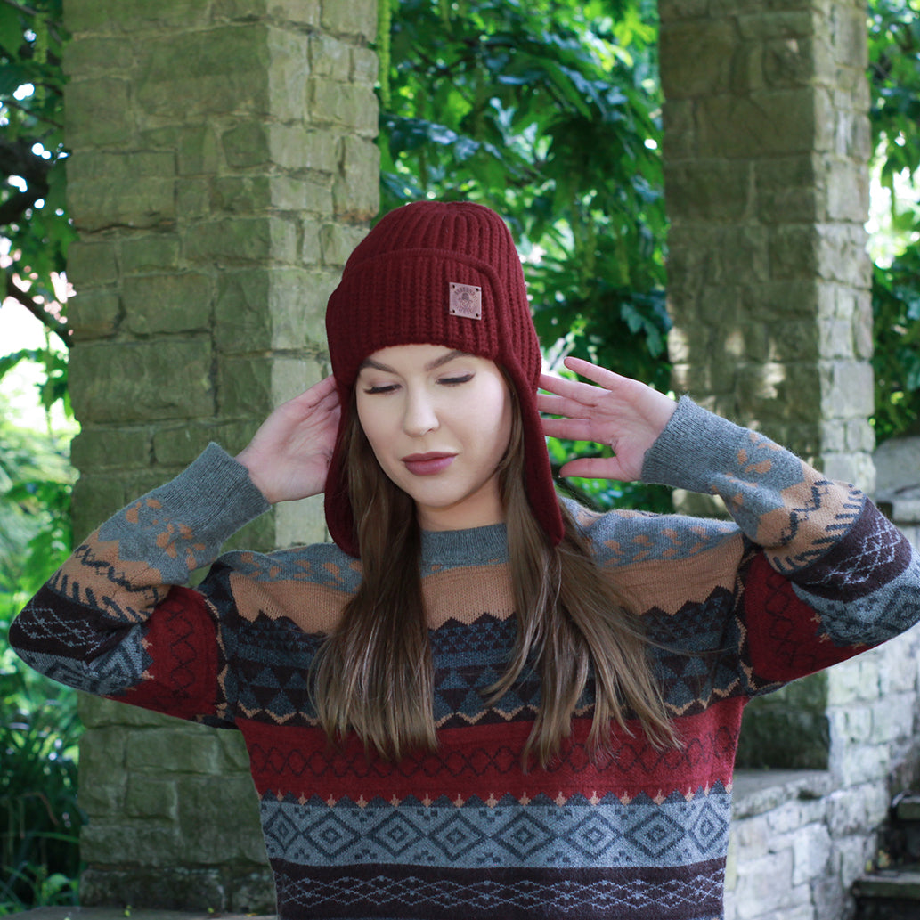 burgundy Women’s Winter Cashmere Earflap Hat – Soft Trapper Style Beanie, Lightweight and Cozy Cold Weather Hat, Stylish Gift for Her