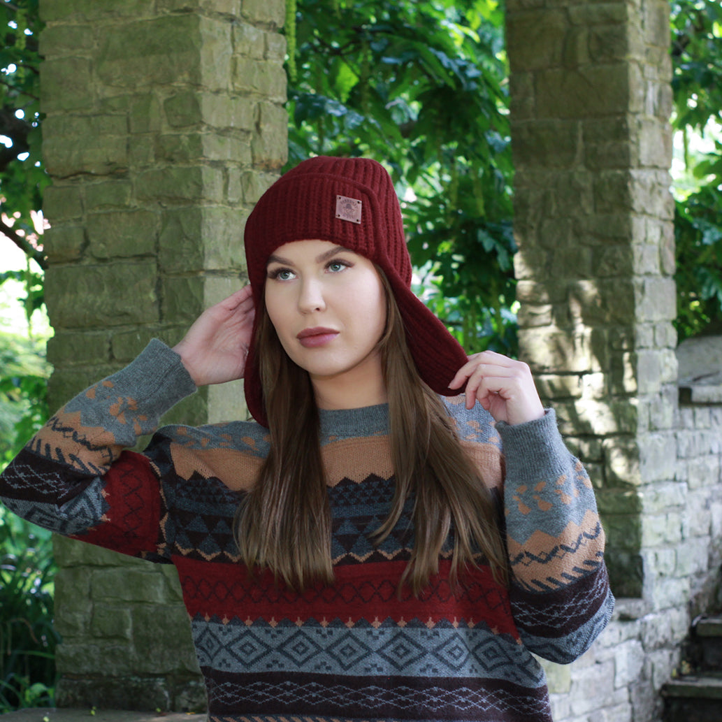 burgundy Women’s Winter Cashmere Earflap Hat – Soft Trapper Style Beanie, Lightweight and Cozy Cold Weather Hat, Stylish Gift for Her