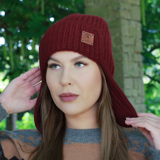 burgundy Women’s Winter Cashmere Earflap Hat – Soft Trapper Style Beanie, Lightweight and Cozy Cold Weather Hat, Stylish Gift for Her