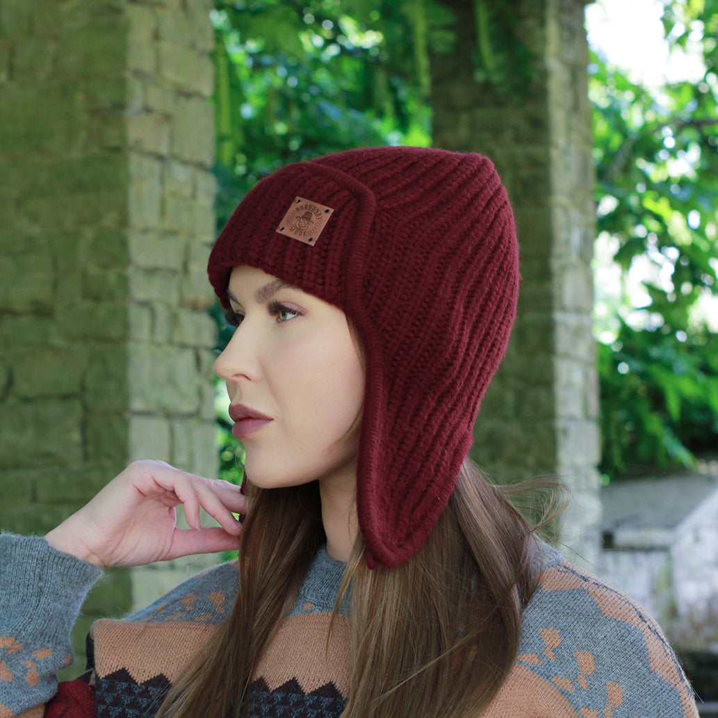 burgundy Women’s Winter Cashmere Earflap Hat – Soft Trapper Style Beanie, Lightweight and Cozy Cold Weather Hat, Stylish Gift for Her