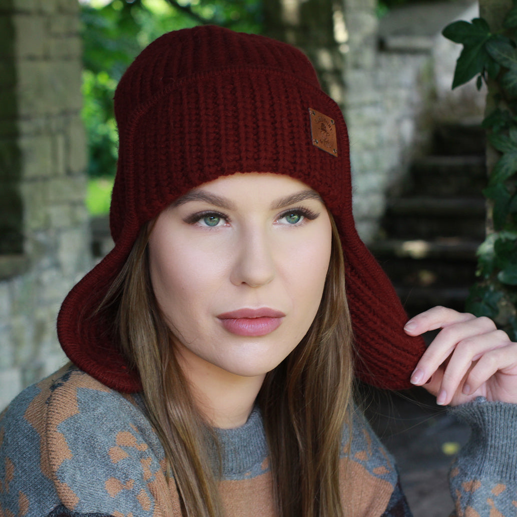 burgundy Women’s Winter Cashmere Earflap Hat – Soft Trapper Style Beanie, Lightweight and Cozy Cold Weather Hat, Stylish Gift for Her