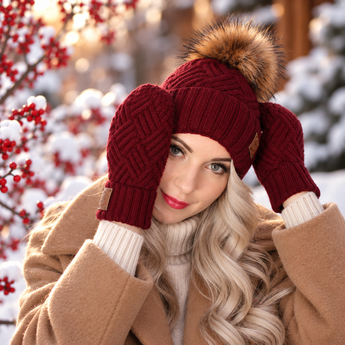 burgundy Cashmere Hat and Mittens Set for Women