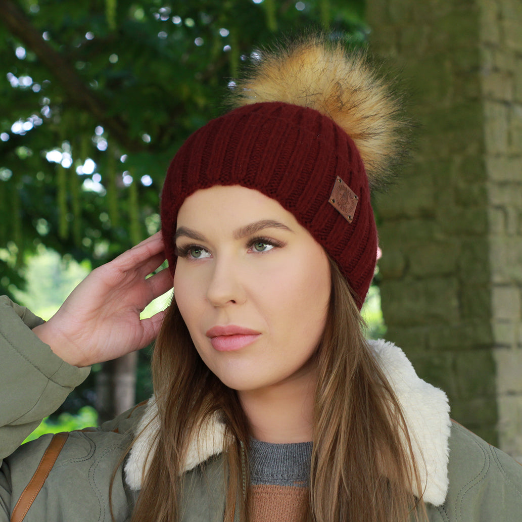 burgundy Silk-Lined Women’s Cashmere Hat – Smaller Size Beanie with Faux Fur Pom Pom, Soft & Warm Winter Hat, Gift for Her