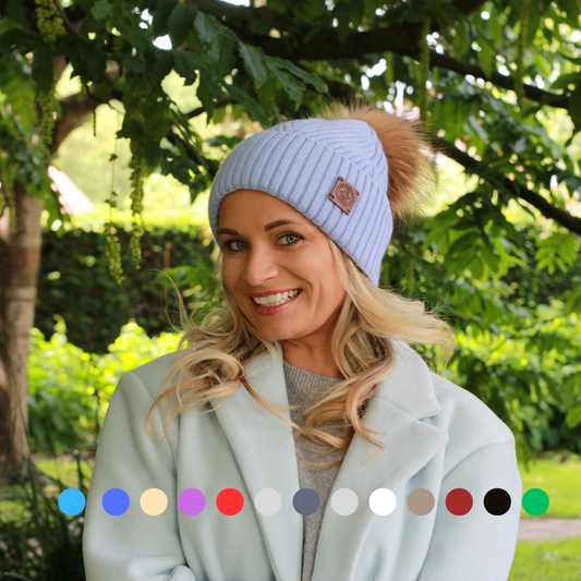 sky blue Silk-Lined Cashmere Beanie for Women – Frizz-Free Winter Hat with Fox Fur Pom Pom, Cozy Gift for Her, Soft Warm Luxury Beanie