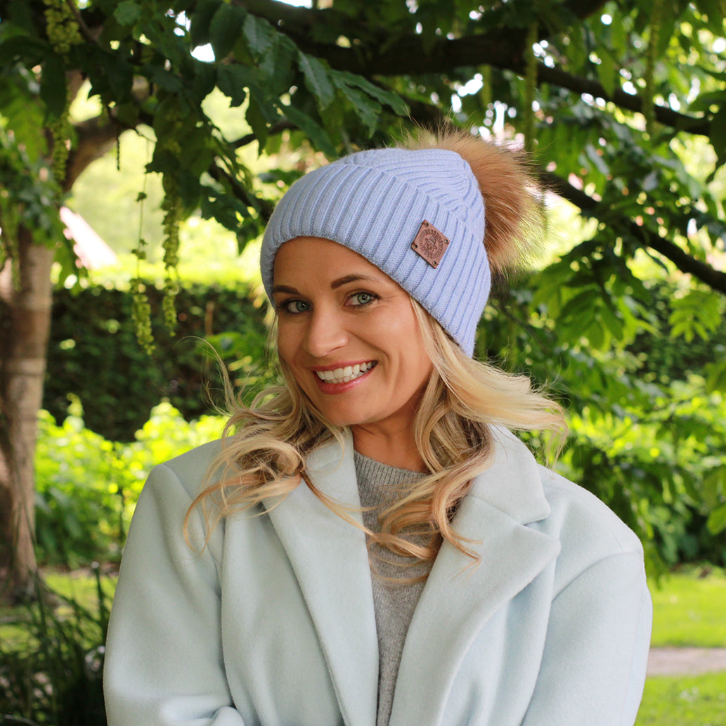 sky blue 100% Mulberry Silk-Lined Cashmere Beanie with Fox Fur Pom Pom