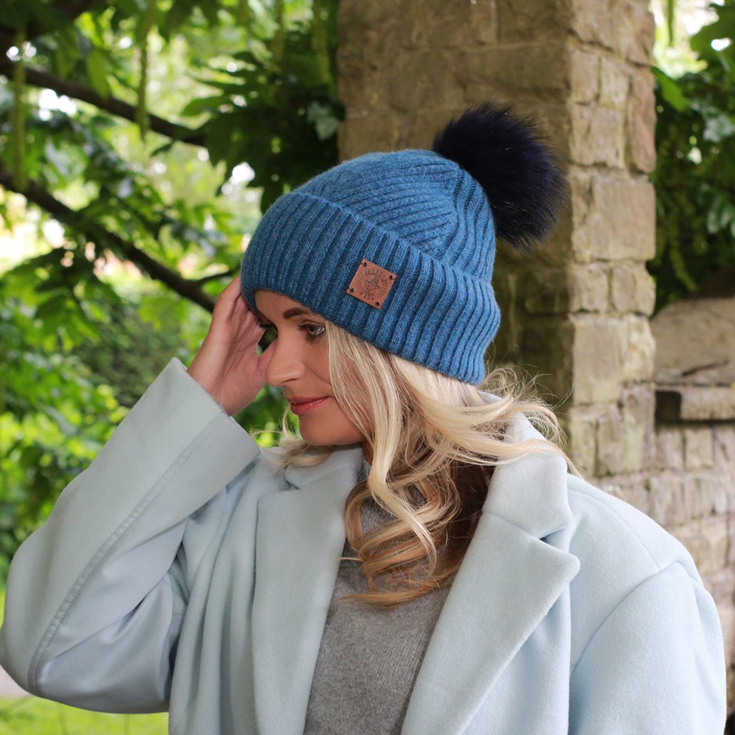 blue Silk-Lined Cashmere Beanie for Women – Frizz-Free Winter Hat with Fox Fur Pom Pom, Cozy Gift for Her, Soft Warm Luxury Beanie