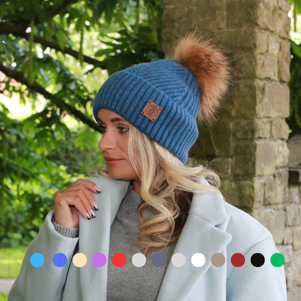 blue Silk-Lined Cashmere Beanie for Women – Frizz-Free Winter Hat with Fox Fur Pom Pom, Cozy Gift for Her, Soft Warm Luxury Beanie