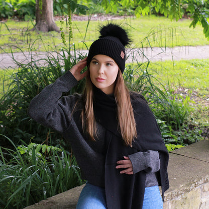 100% Mulberry Silk Lined Cashmere Hat – Fox Fur Pom Pom