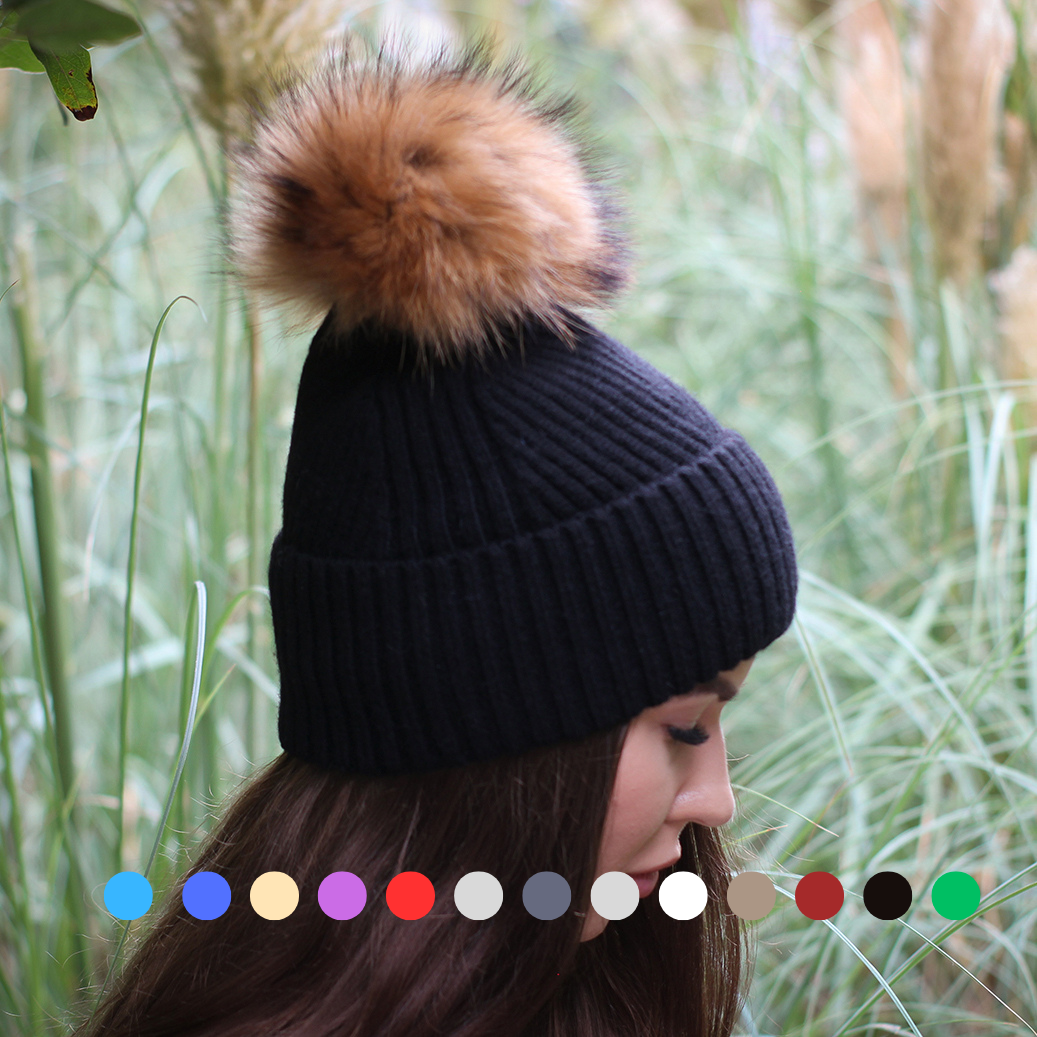 black Silk-Lined Cashmere Beanie for Women – Frizz-Free Winter Hat with Fox Fur Pom Pom, Cozy Gift for Her, Soft Warm Luxury Beanie